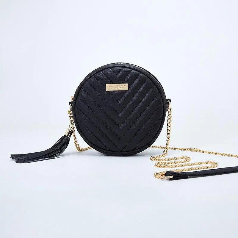 Sac Rond Femme | Sac Rond en Cuir Signature Chevrons Noir | Tendance Rond Sac en Cuir Femme