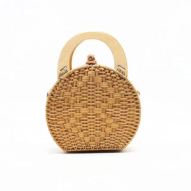 Sac Rond Femme | Sac rond en Paille Anse en Bois Khaki | Tendance Rond Sac en Osier Femme