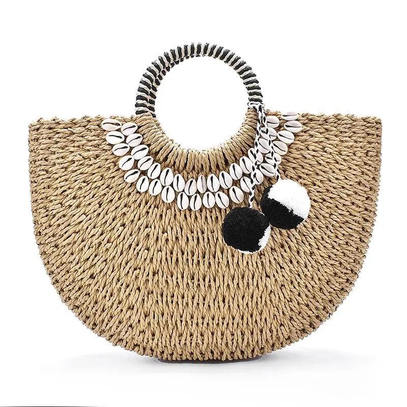 Sac Rond Femme | Sac Rond en Paille Anse en Cercle Brun | Tendance Rond Sac en Osier Brun