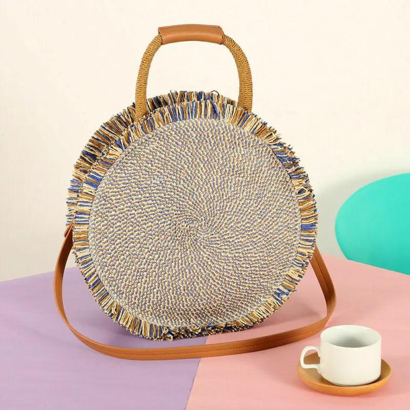 Sac Rond Femme | Sac Rond en Paille Bohème Beige | Tendance Rond Sac en Paille Beige