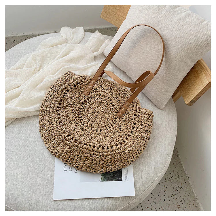 Sac Rond Femme | Sac Rond en Paille à Grande Taille Beige | Tendance Rond Sac Rond Beige