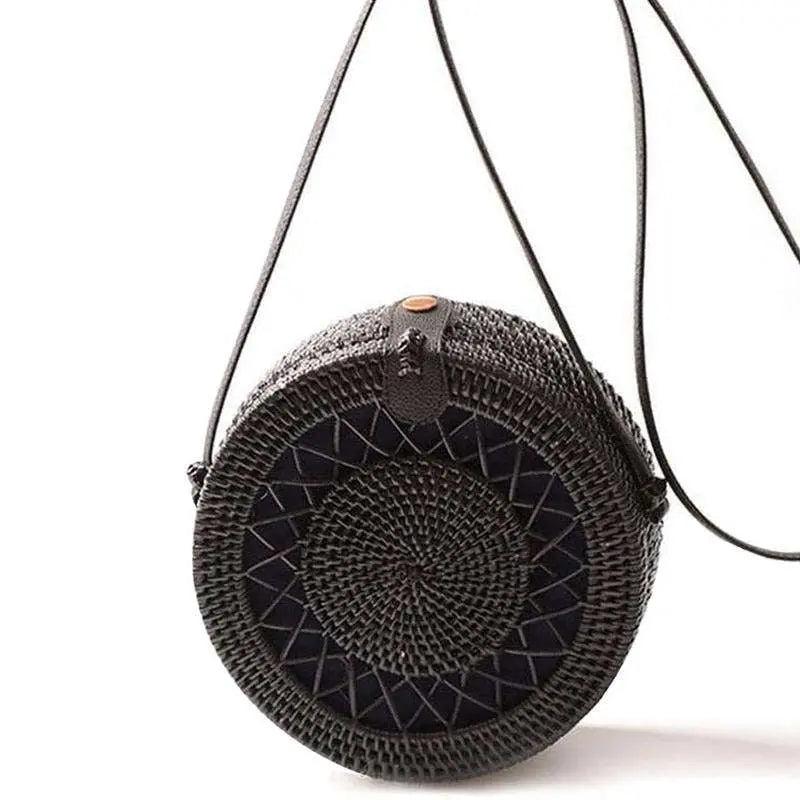 Sac Rond Femme | Sac Rond en Paille Noir Soleil Noir | Tendance Rond Sac en Osier Femme