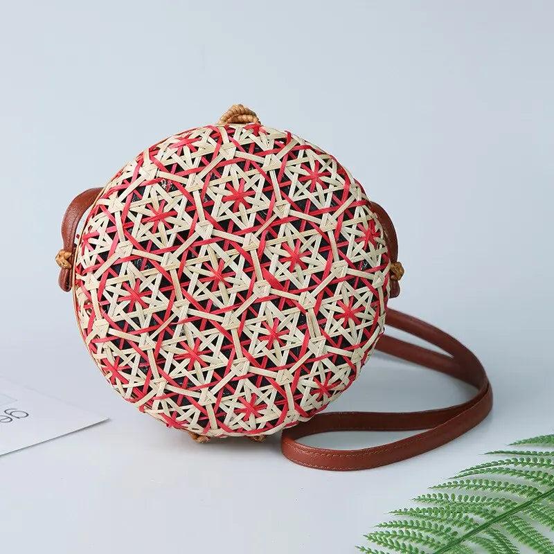 Sac Rond Femme | Sac Rond en Rotin Coloré Rouge | Tendance Rond Sac en Osier Femme